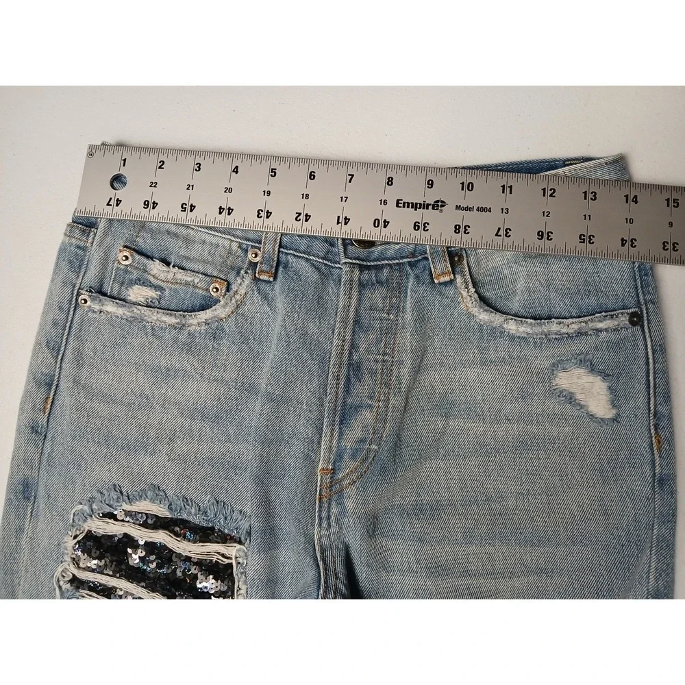 Free People Distressed‎ Sequin Patch Light Wash Straight Leg Jeans Womens 27